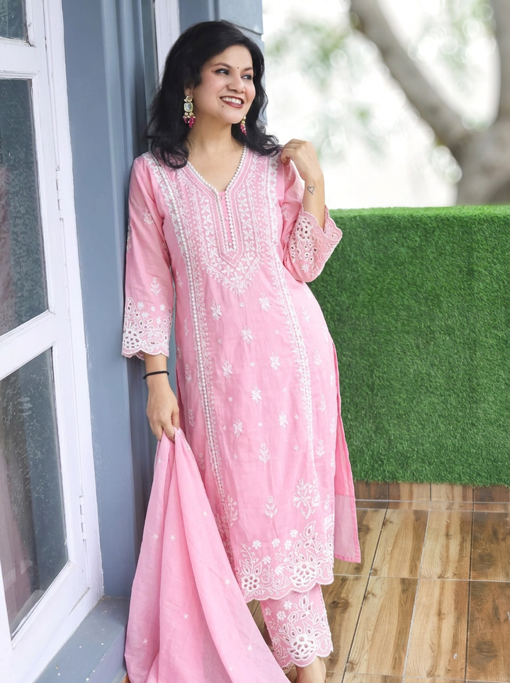 Sanjeevi Candy Pink Panel Embroidered Mul CottonSet
