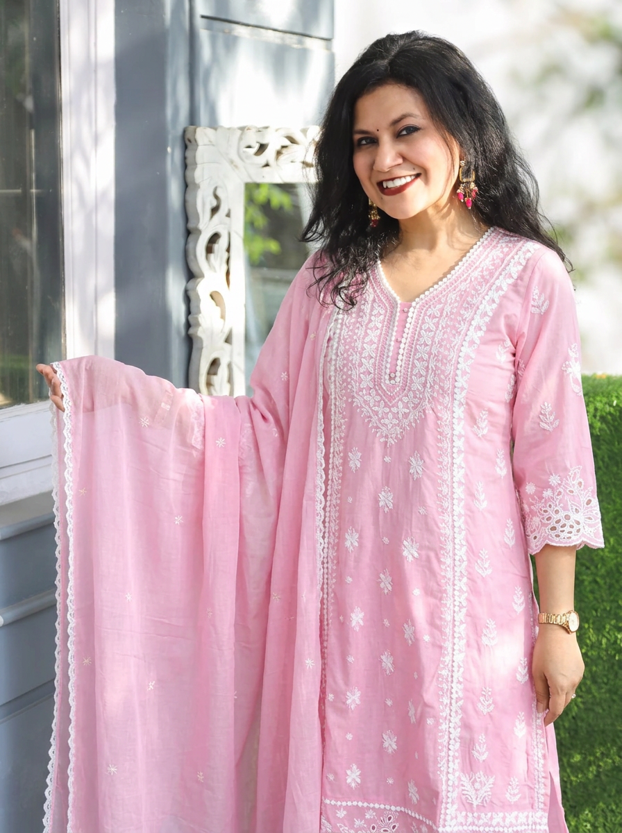 Sanjeevi Candy Pink Panel Embroidered Mul CottonSet