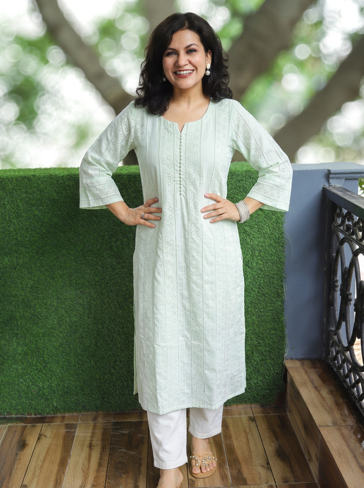 Aisha Pista Sage Potli Button Cotton Schiffli Kurti