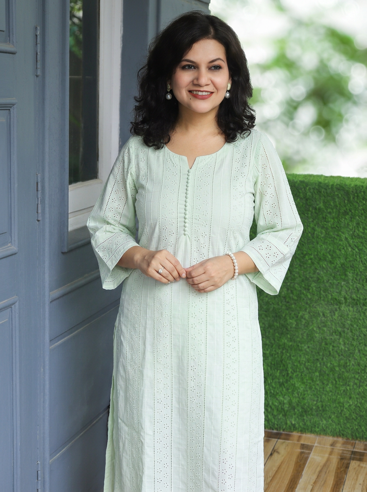 Aisha Pista Sage Potli Button Cotton Schiffli Kurti