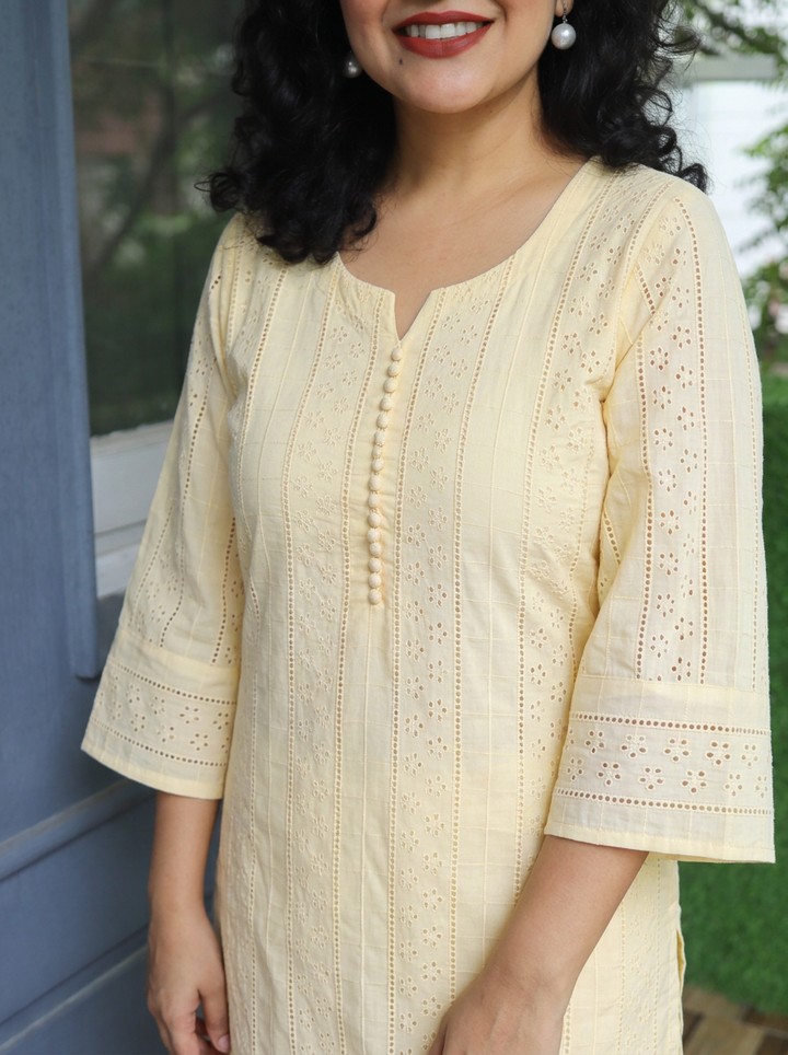 Aisha Butter Yellow Potli Button Cotton Schiffli Kurti