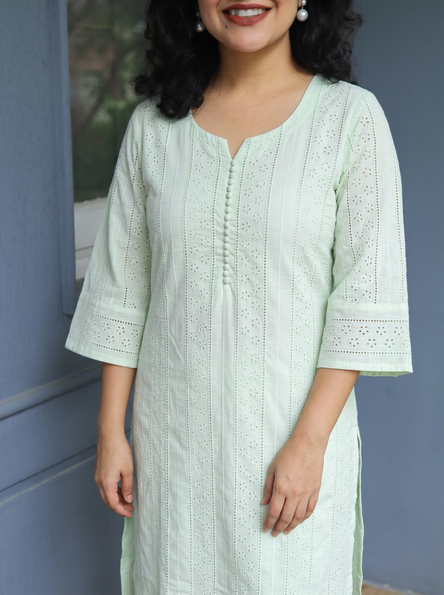 Aisha Pista Sage Potli Button Cotton Schiffli Kurti