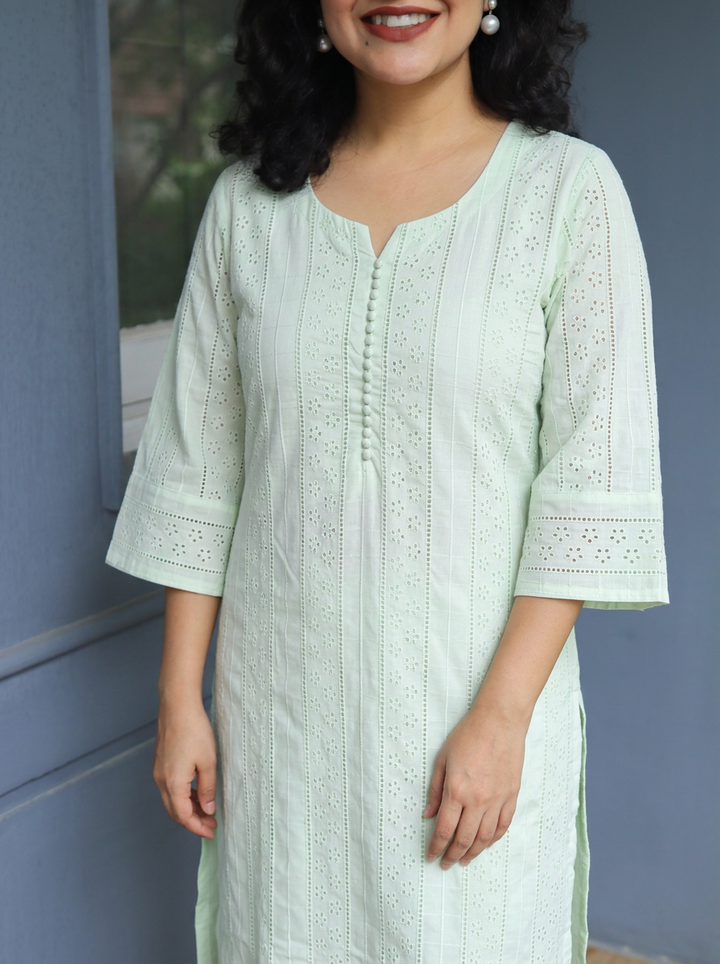 Aisha Pista Sage Potli Button Cotton Schiffli Kurti