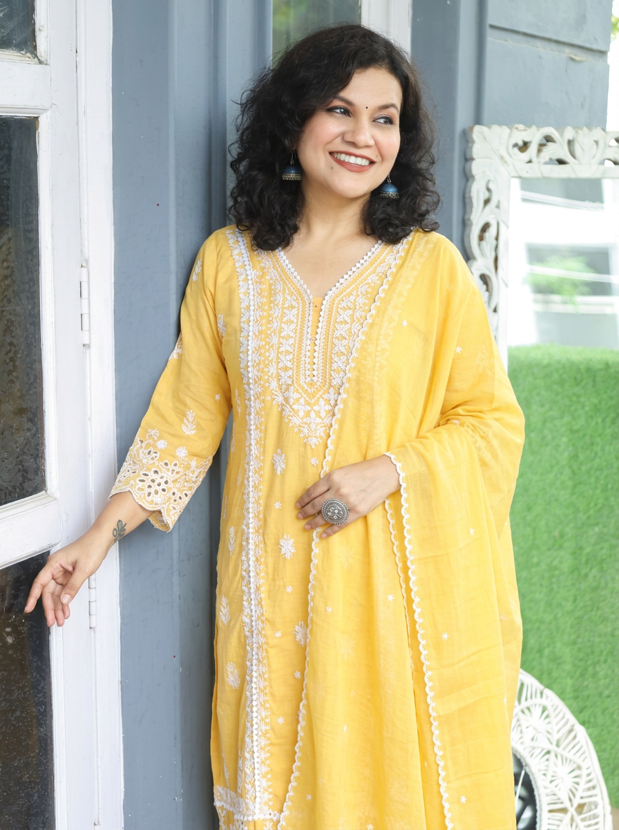 Sanjeevi Pumpkin Peach Panel Embroidered Mul Cotton Set