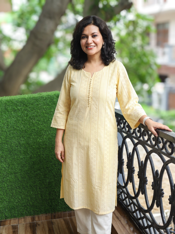 Aisha Butter Yellow Potli Button Cotton Schiffli Kurti