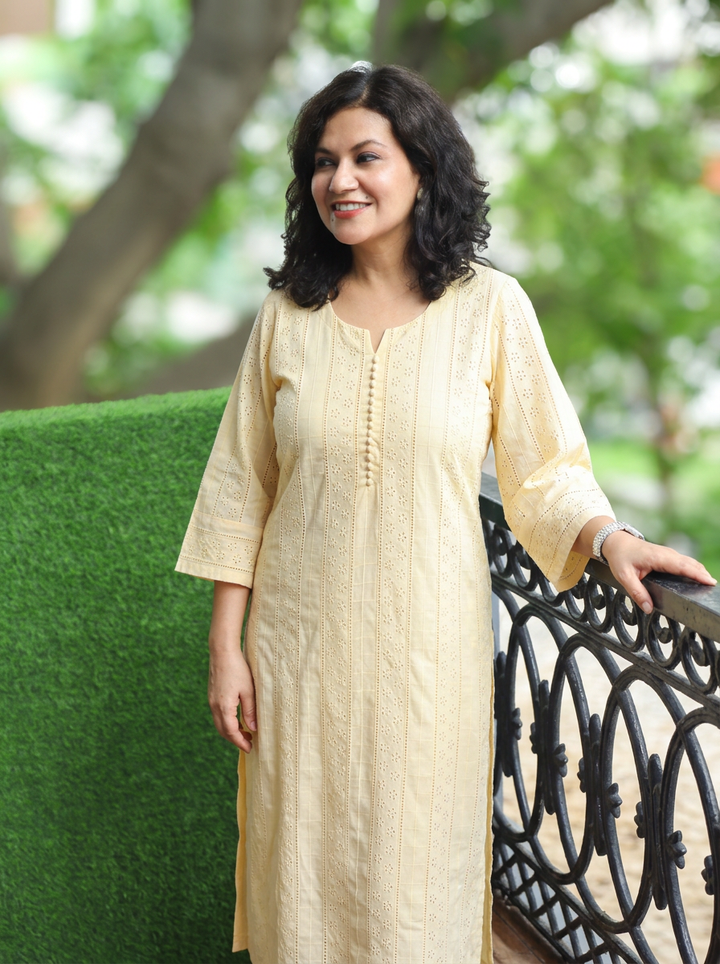 Aisha Butter Yellow Potli Button Cotton Schiffli Kurti