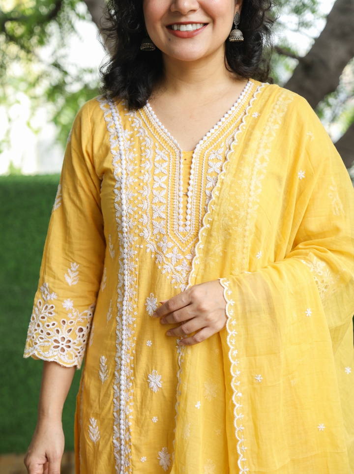Sanjeevi Pumpkin Yellow Panel Embroidered Mul Cotton Set