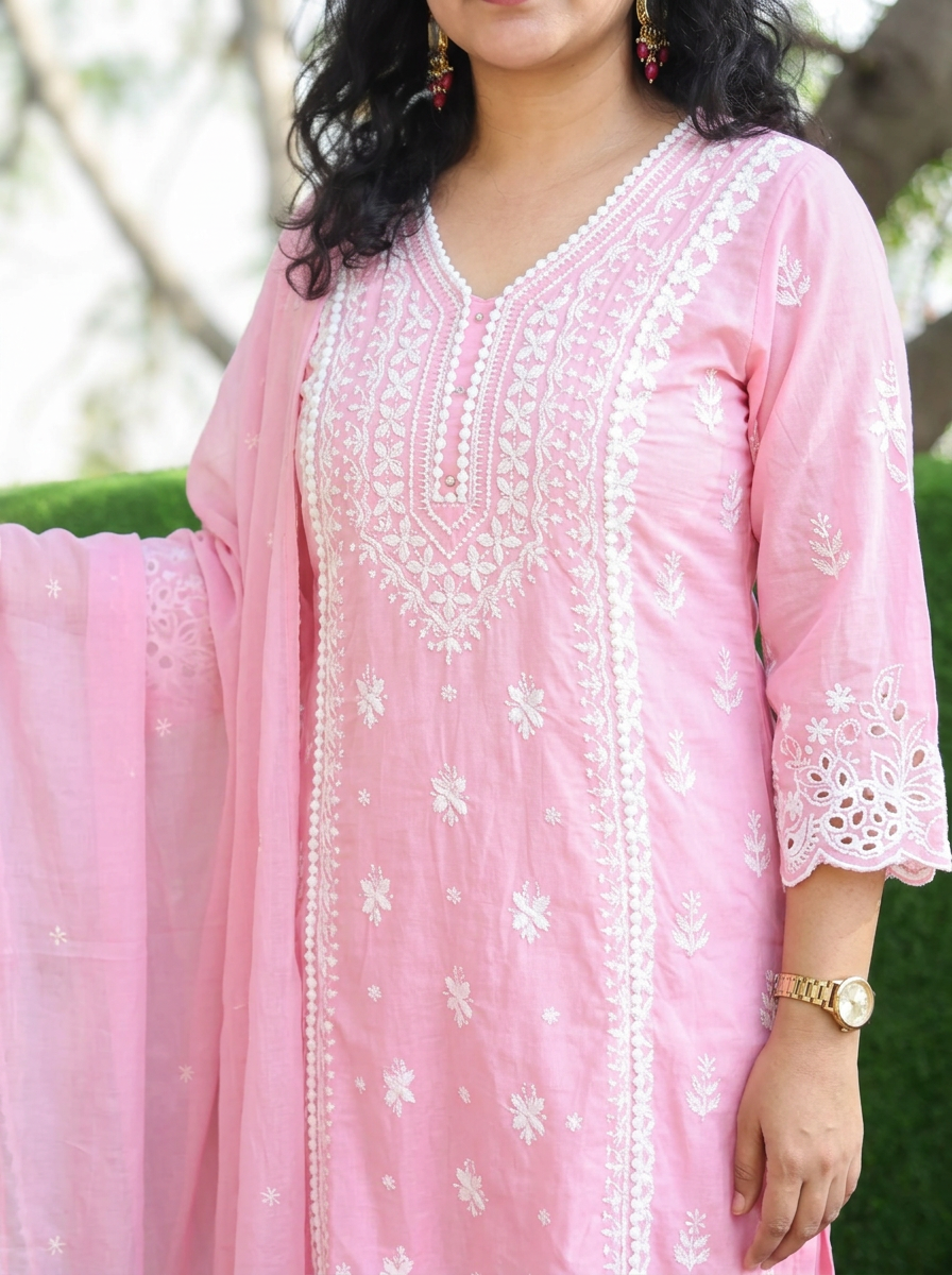 Sanjeevi Candy Pink Panel Embroidered Mul CottonSet