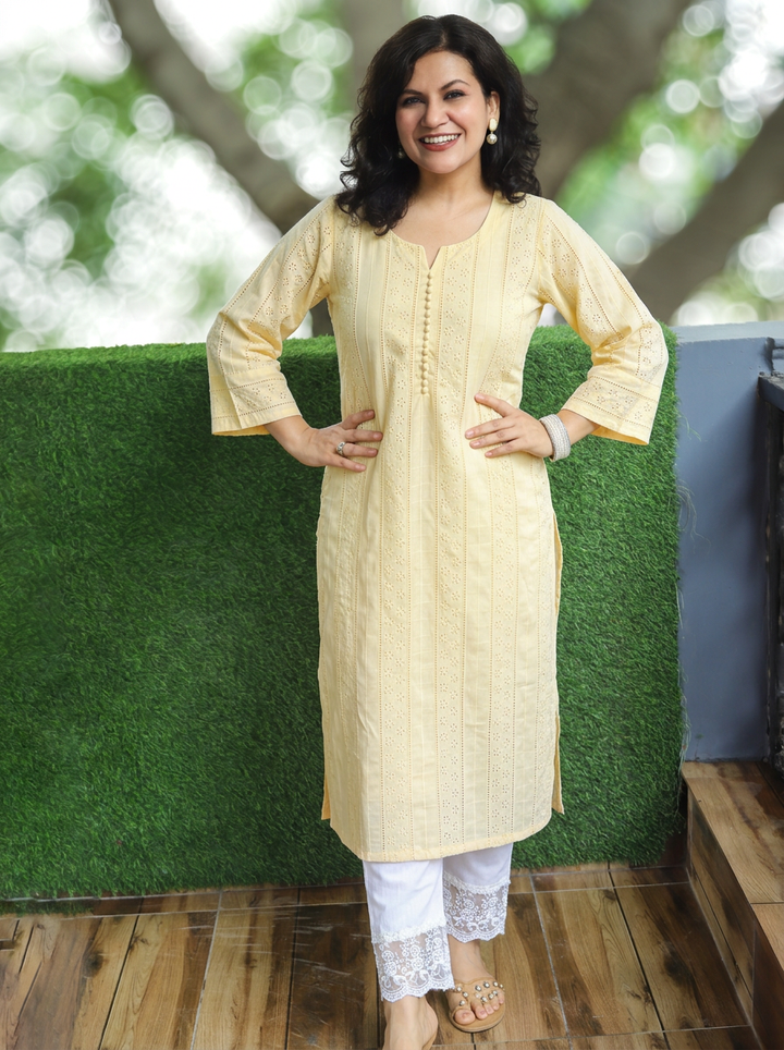 Aisha Butter Yellow Potli Button Cotton Schiffli Kurti