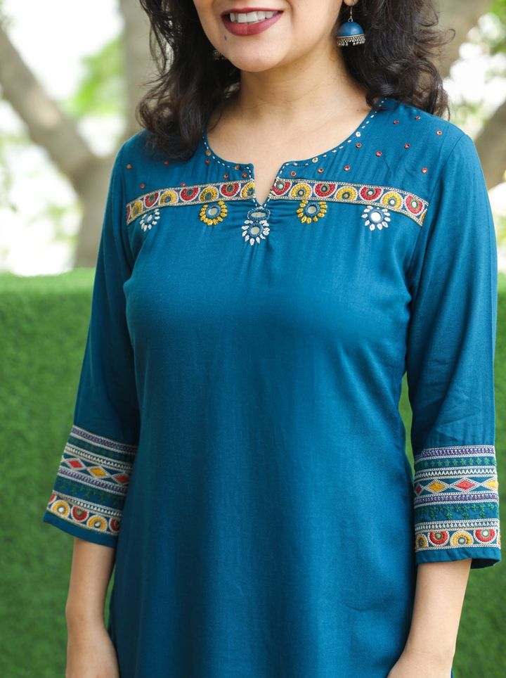 Ella Teal Mirror with Embroidery Rayon Satin Short Kurti