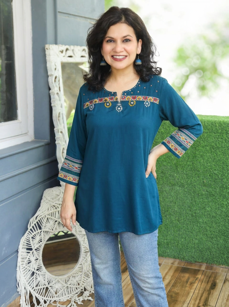 Ella Teal Mirror with Embroidery Rayon Satin Short Kurti