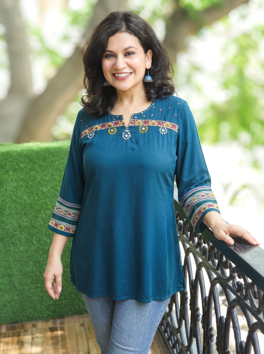 Ella Teal Mirror with Embroidery Rayon Satin Short Kurti