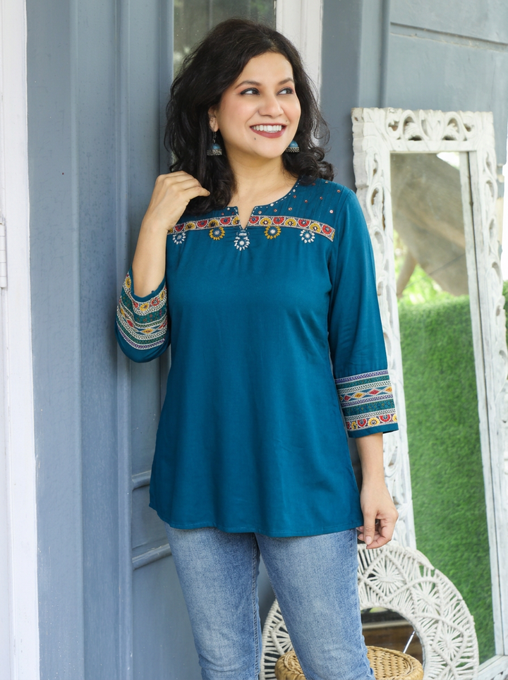 Ella Teal Mirror with Embroidery Rayon Satin Short Kurti
