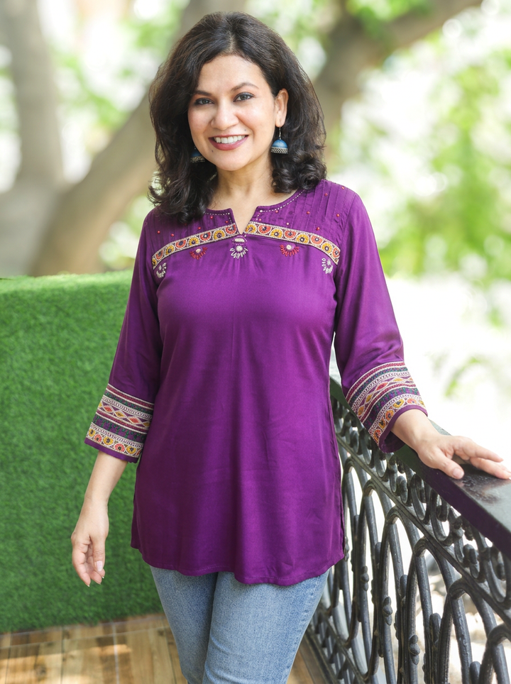 Ella Purple Mirror with Embroidery Rayon Satin Short Kurti