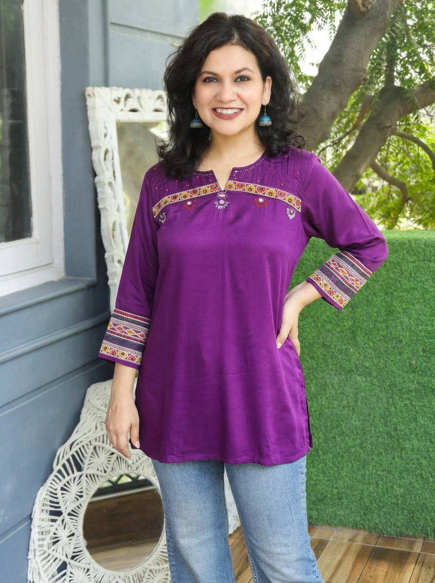 Ella Purple Mirror with Embroidery Rayon Satin Short Kurti