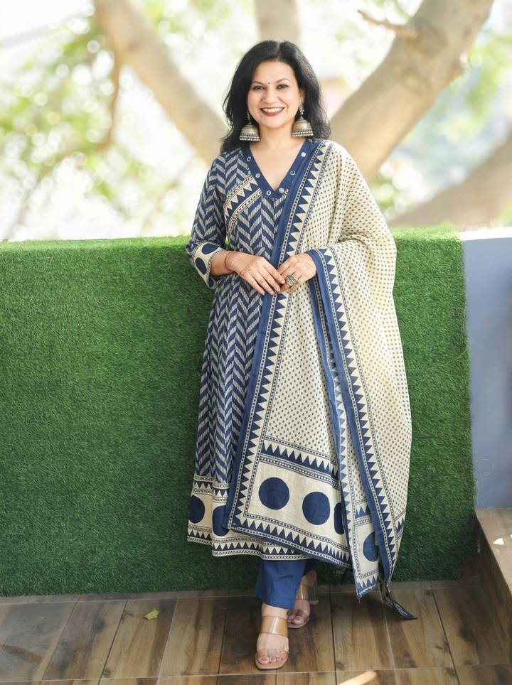 Rishika Navy Blue Moti Work Anarkali Cotton 3 Piece Set