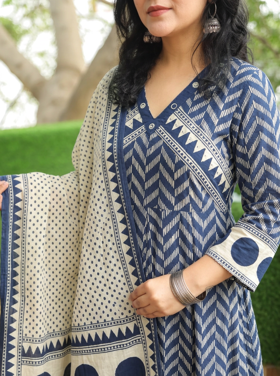 Rishika Navy Blue Moti Work Anarkali Cotton 3 Piece Set