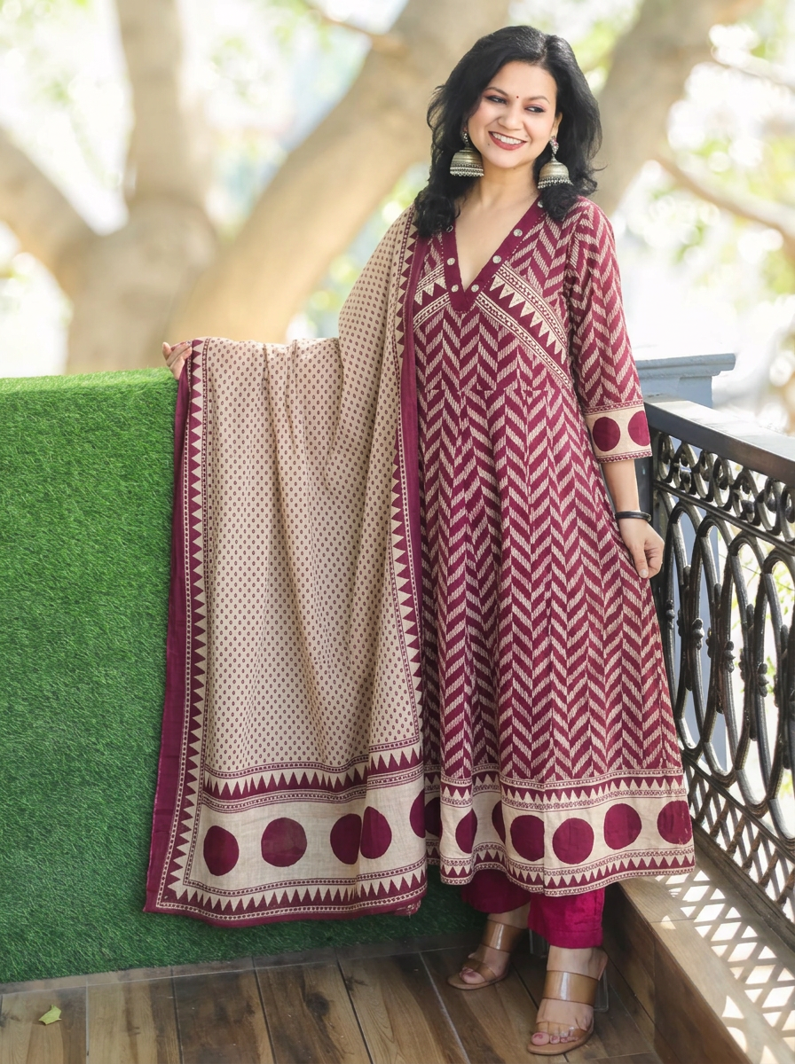 Rishika Dine Wine  Moti Work Anarkali Cotton 3 Piece Set