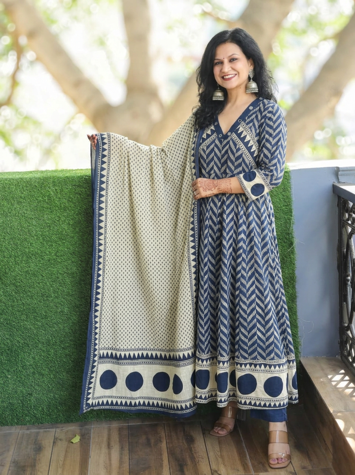 Rishika Navy Blue Moti Work Anarkali Cotton 3 Piece Set
