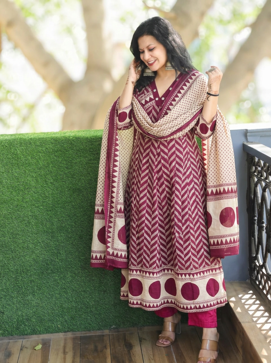 Rishika Dine Wine  Moti Work Anarkali Cotton 3 Piece Set
