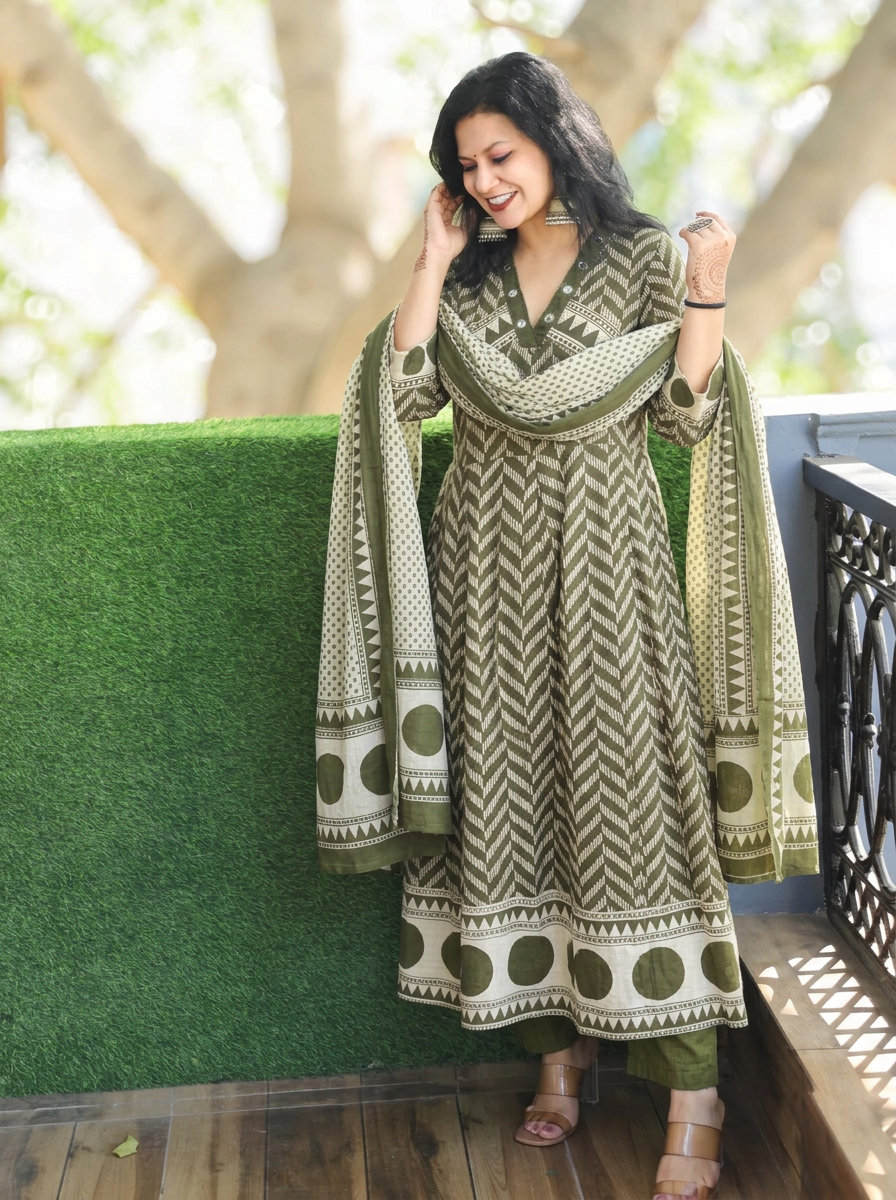 Rishika Fern Green Moti Work Anarkali Cotton 3 Piece Set