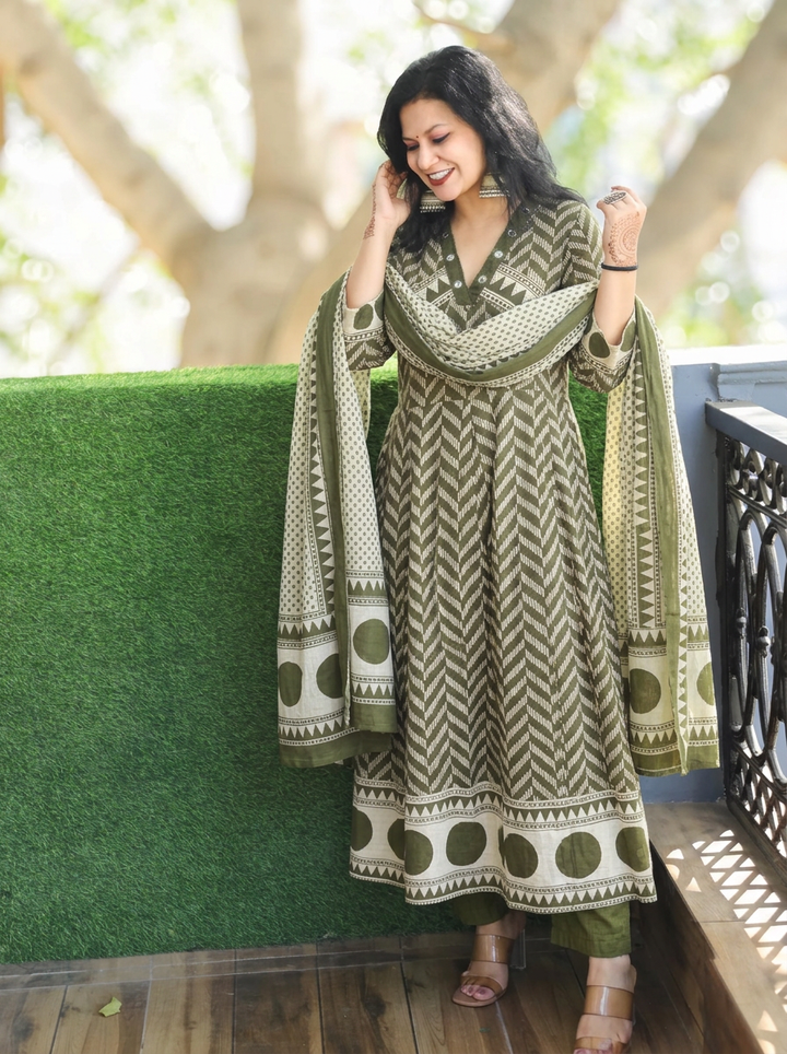 Rishika Fern Green Moti Work Anarkali Cotton 3 Piece Set