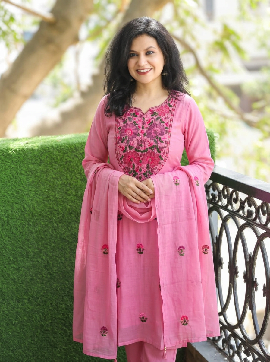 Aadhvika Lilly Pink Kolkata Hand Embroidered Set