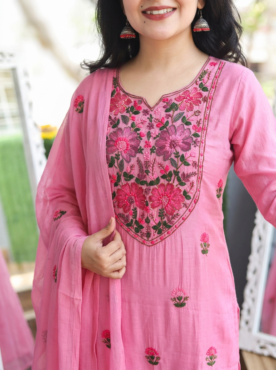 Aadhvika Lilly Pink Kolkata Hand Embroidered Set