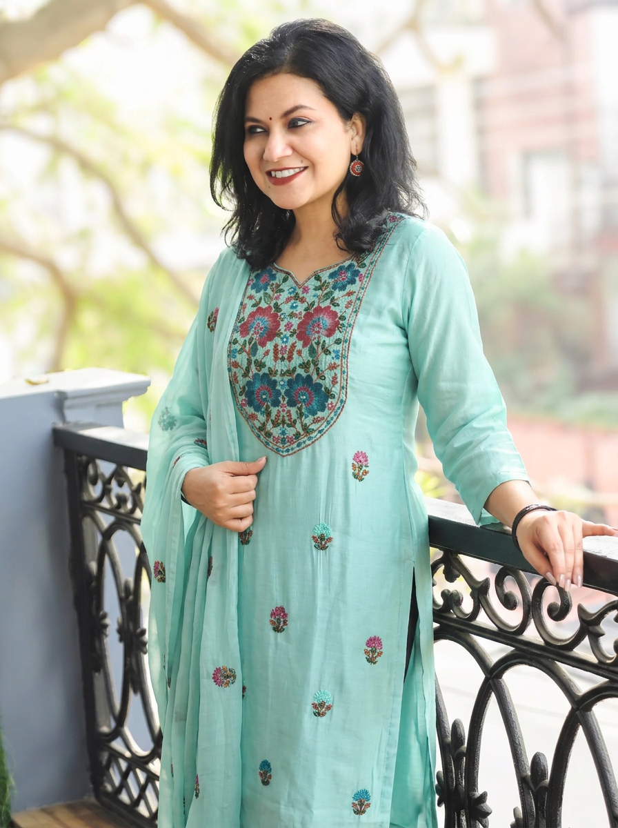 Aadhvika Powder Blue Kolkata Hand Embroidered Set