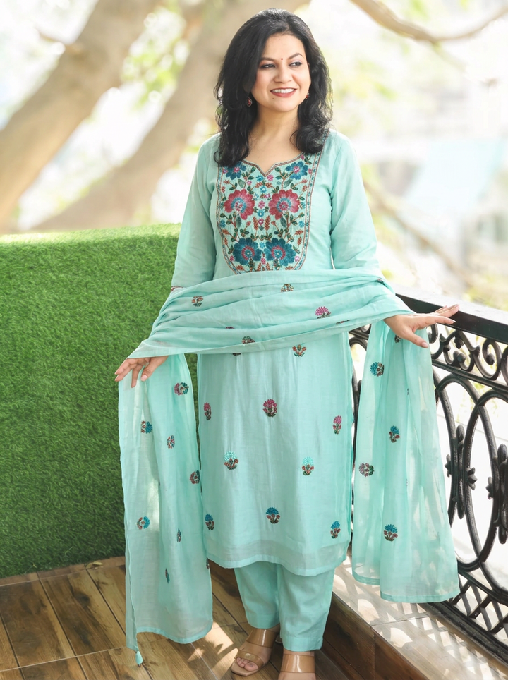Aadhvika Powder Blue Kolkata Hand Embroidered Set