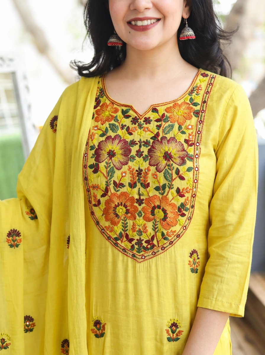 Aadhvika Minty Yellow Kolkata Hand Embroidered Set