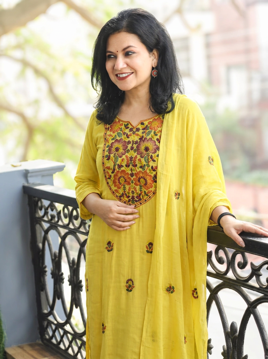 Aadhvika Minty Yellow Kolkata Hand Embroidered Set