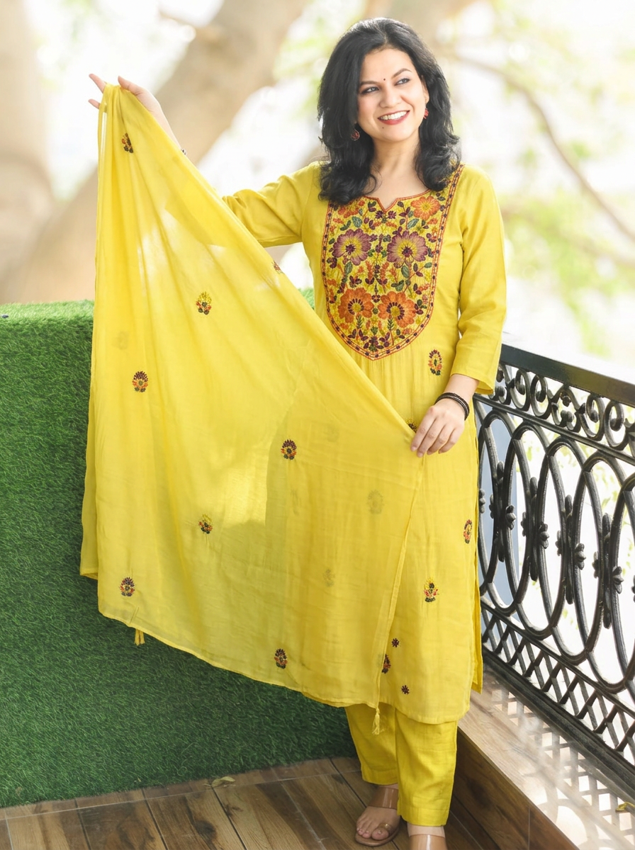 Aadhvika Minty Yellow Kolkata Hand Embroidered Set