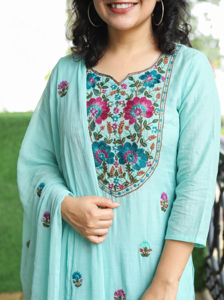 Aadhvika Powder Blue Kolkata Hand Embroidered Set