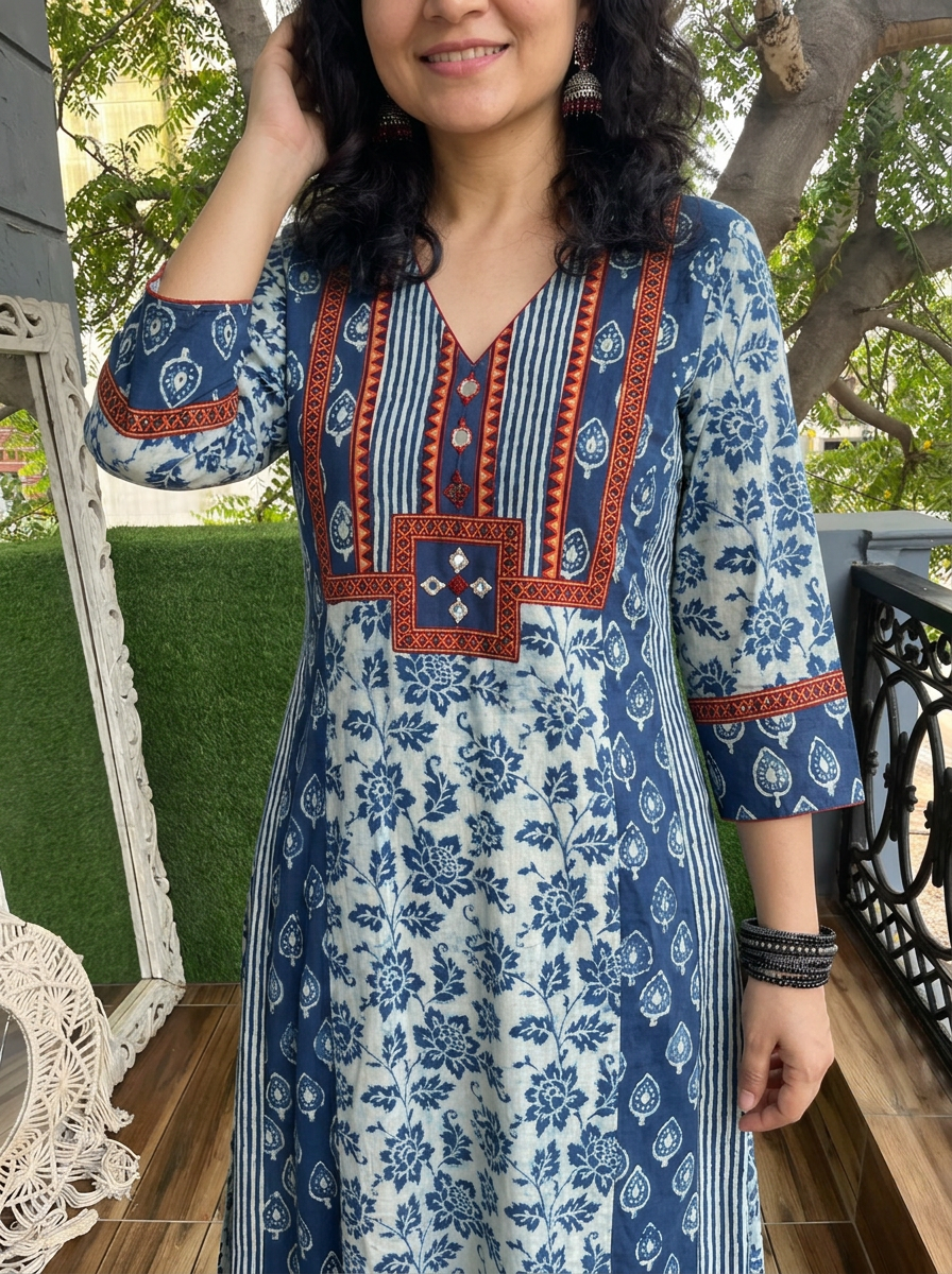 Drishti Stone Blue Dabu Floral Printed Triple Panel Cotton Kurti