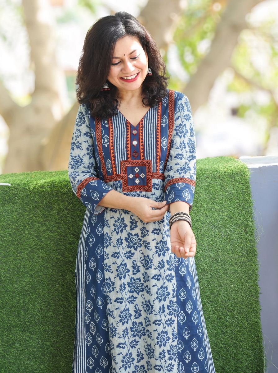 Drishti Stone Blue Dabu Floral Printed Triple Panel Cotton Kurti