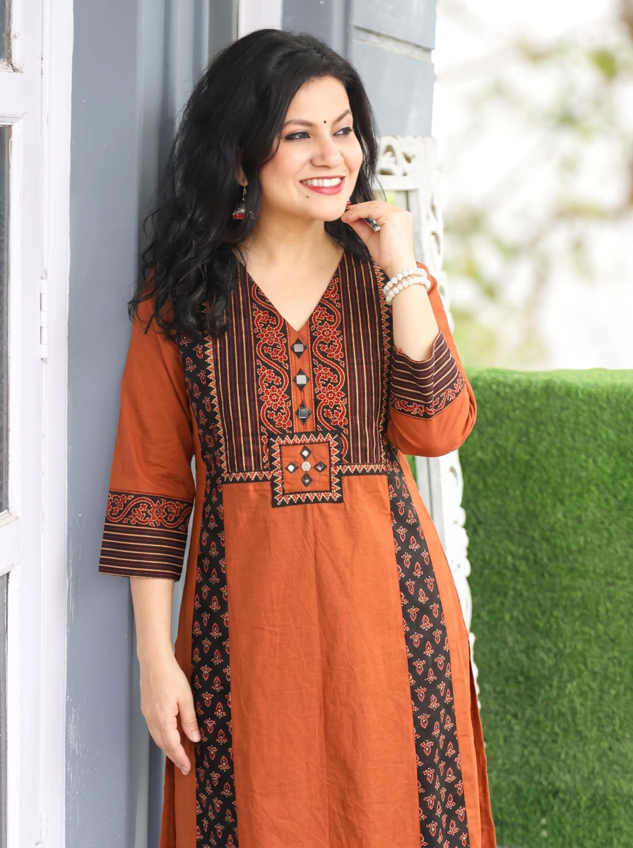 Drishti Burnt Rust Triple Panel Ajrak Yoke with Mirror Cotton Kurti