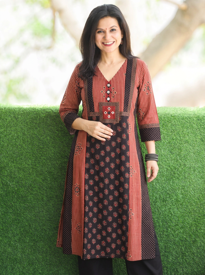 Drishti Maroon Red Ajrak Printed Triple Panel Cotton Kurti