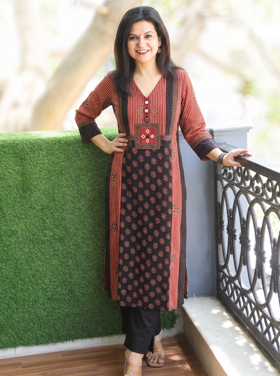 Drishti Maroon Red Ajrak Printed Triple Panel Cotton Kurti