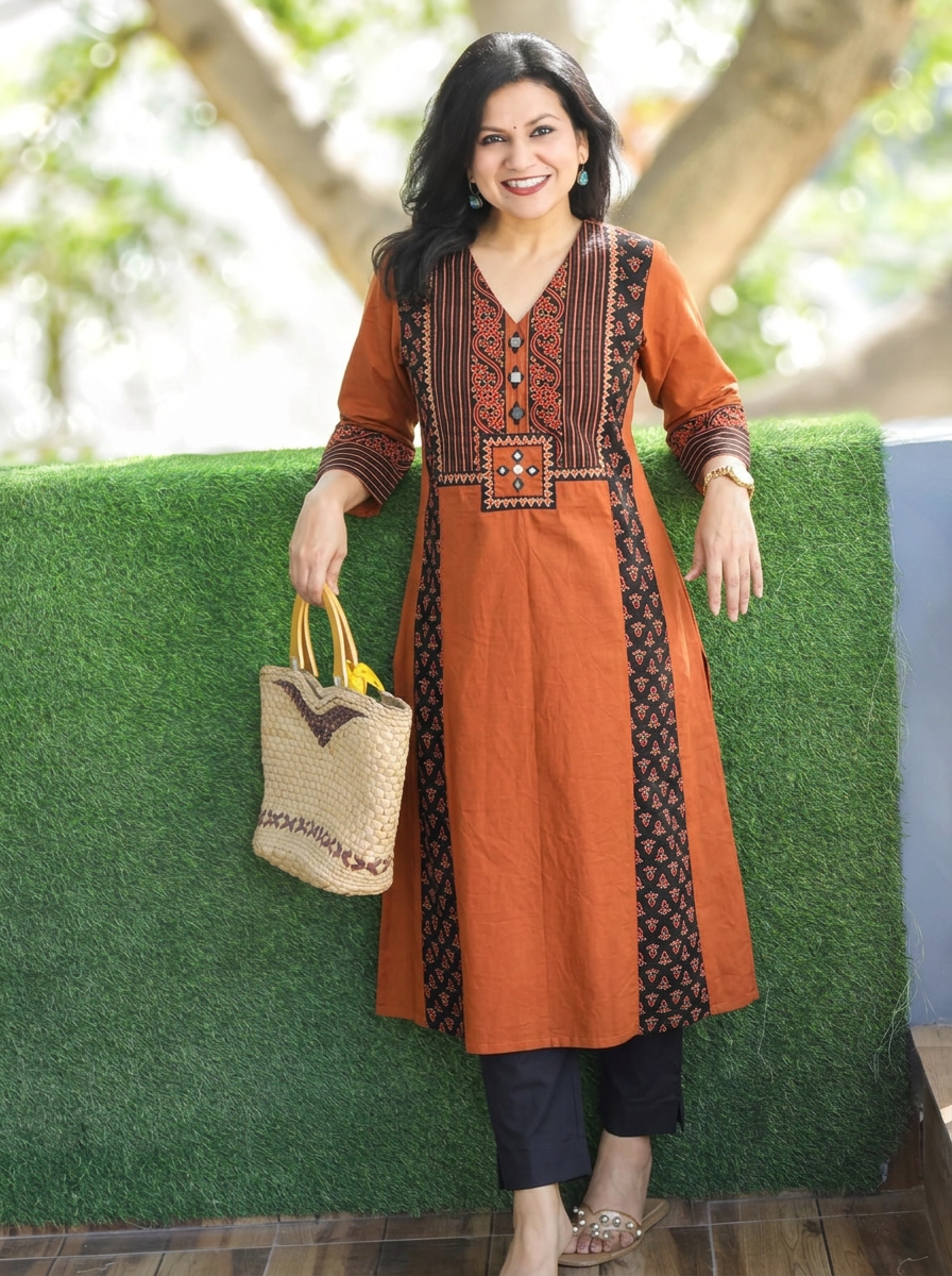 Drishti Burnt Rust Triple Panel Ajrak Yoke with Mirror Cotton Kurti