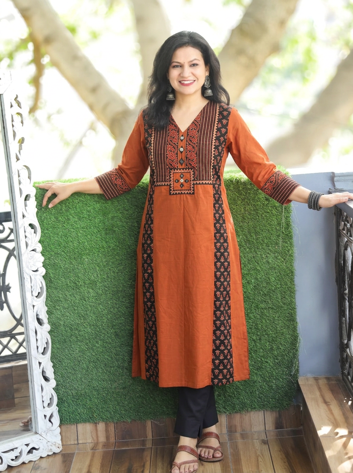 Drishti Burnt Rust Triple Panel Ajrak Yoke with Mirror Cotton Kurti