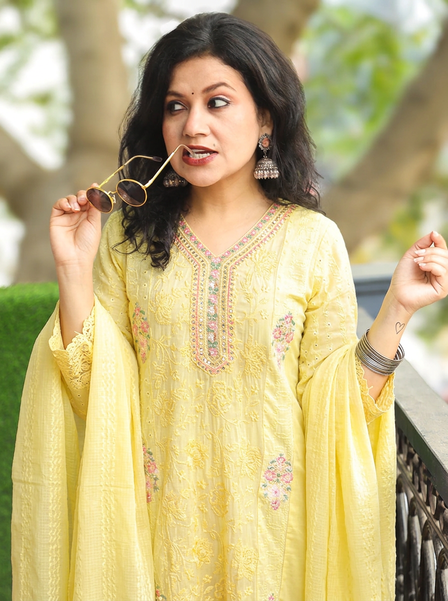 Sabnam Butter Yellow Panel Embroidered Mul Cotton Set
