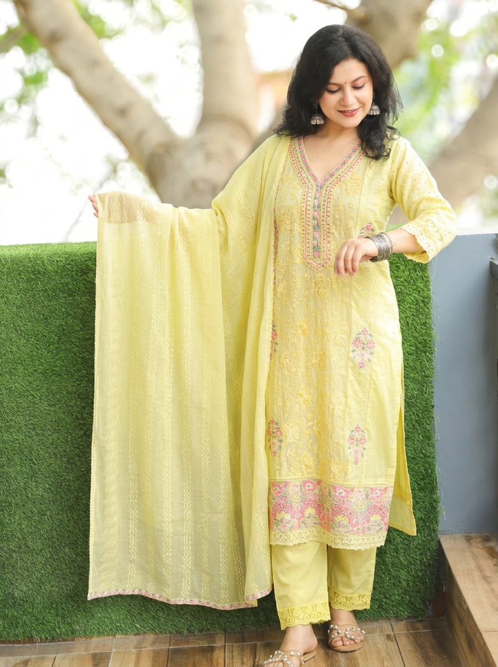 Sabnam Butter Yellow Panel Embroidered Mul Cotton Set