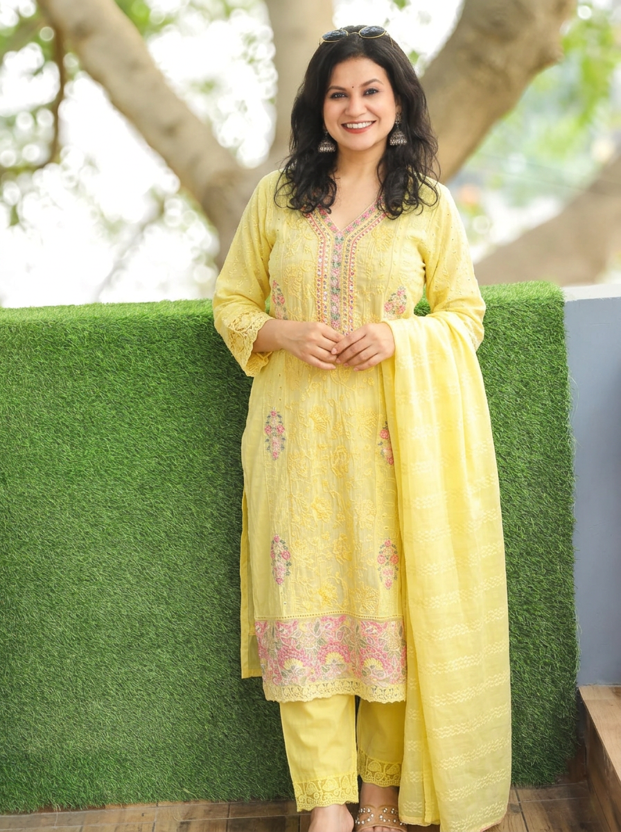 Sabnam Butter Yellow Panel Embroidered Mul Cotton Set