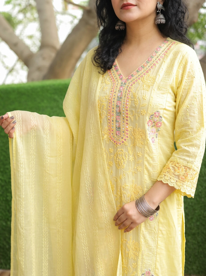 Sabnam Butter Yellow Panel Embroidered Mul Cotton Set