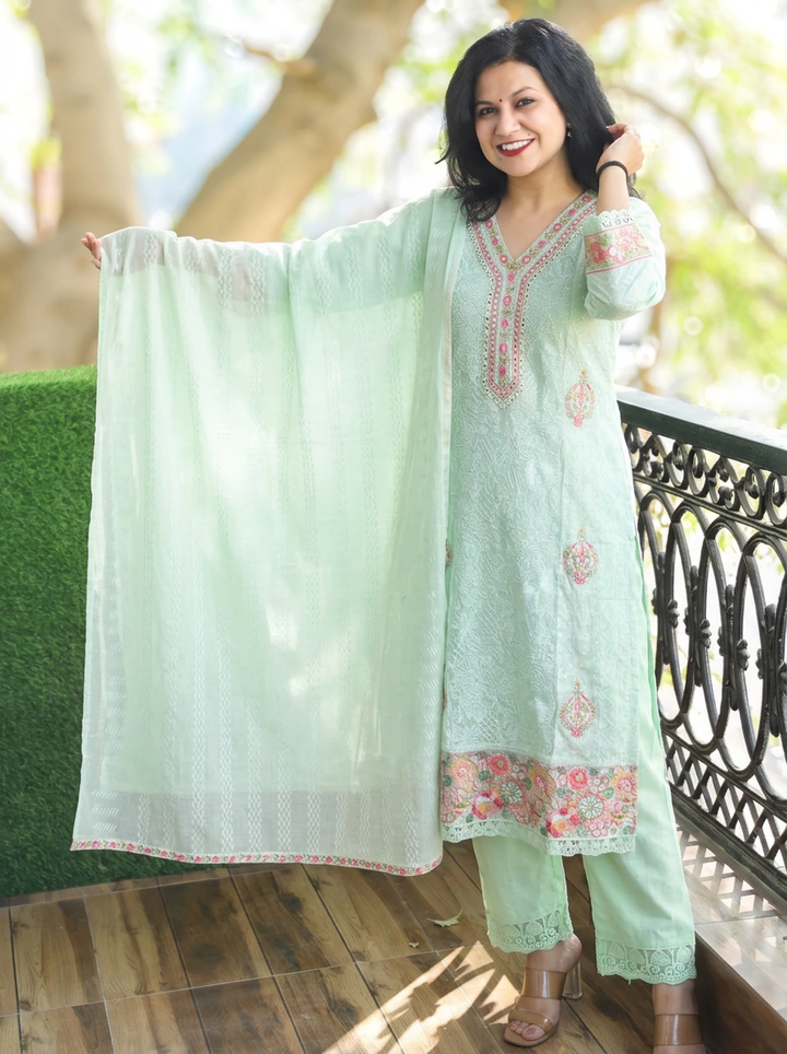 Sabnam Sea Green Panel Embroidered Mul Cotton Set