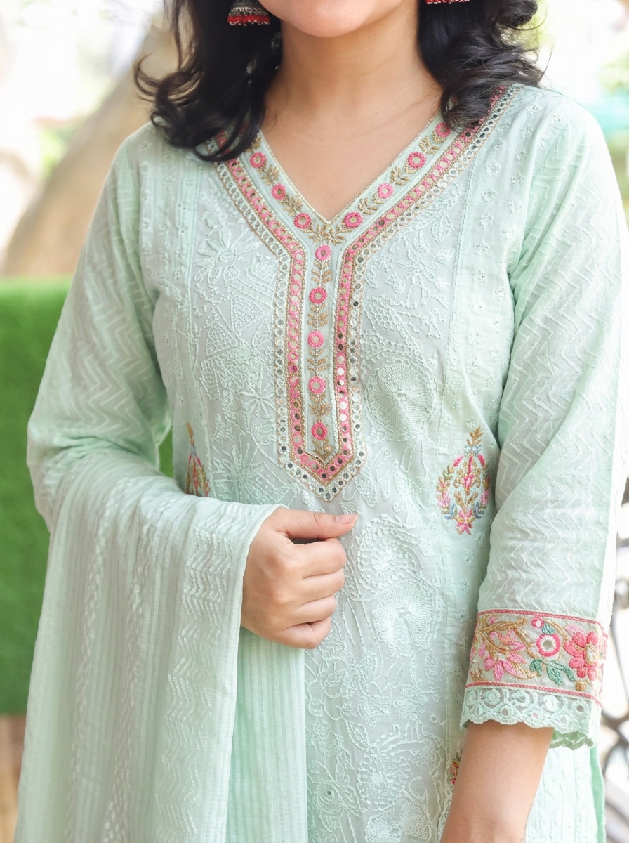 Sabnam Sea Green Panel Embroidered Mul Cotton Set