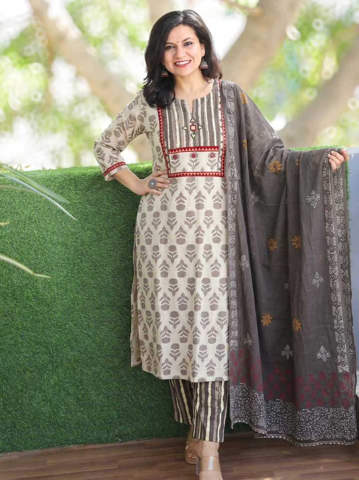 Muskaan Beige Latte Dabu Printed 3 Piece Set D2