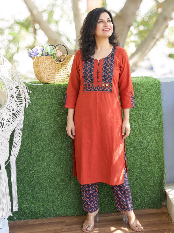 Raadhi Rust Orange Potli with Mirror Ajrak Yoke Cotton 2 Piece Set