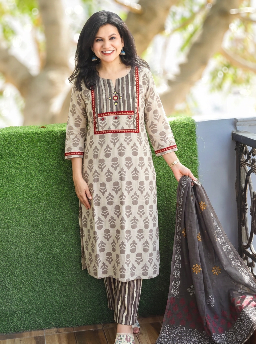 Muskaan Beige Latte Dabu Printed 3 Piece Set D2